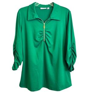 NWOT Susan Graver Size M Green Liquid Knit 1/4 Zip 3/4 Sleeve Polyester-Spandex